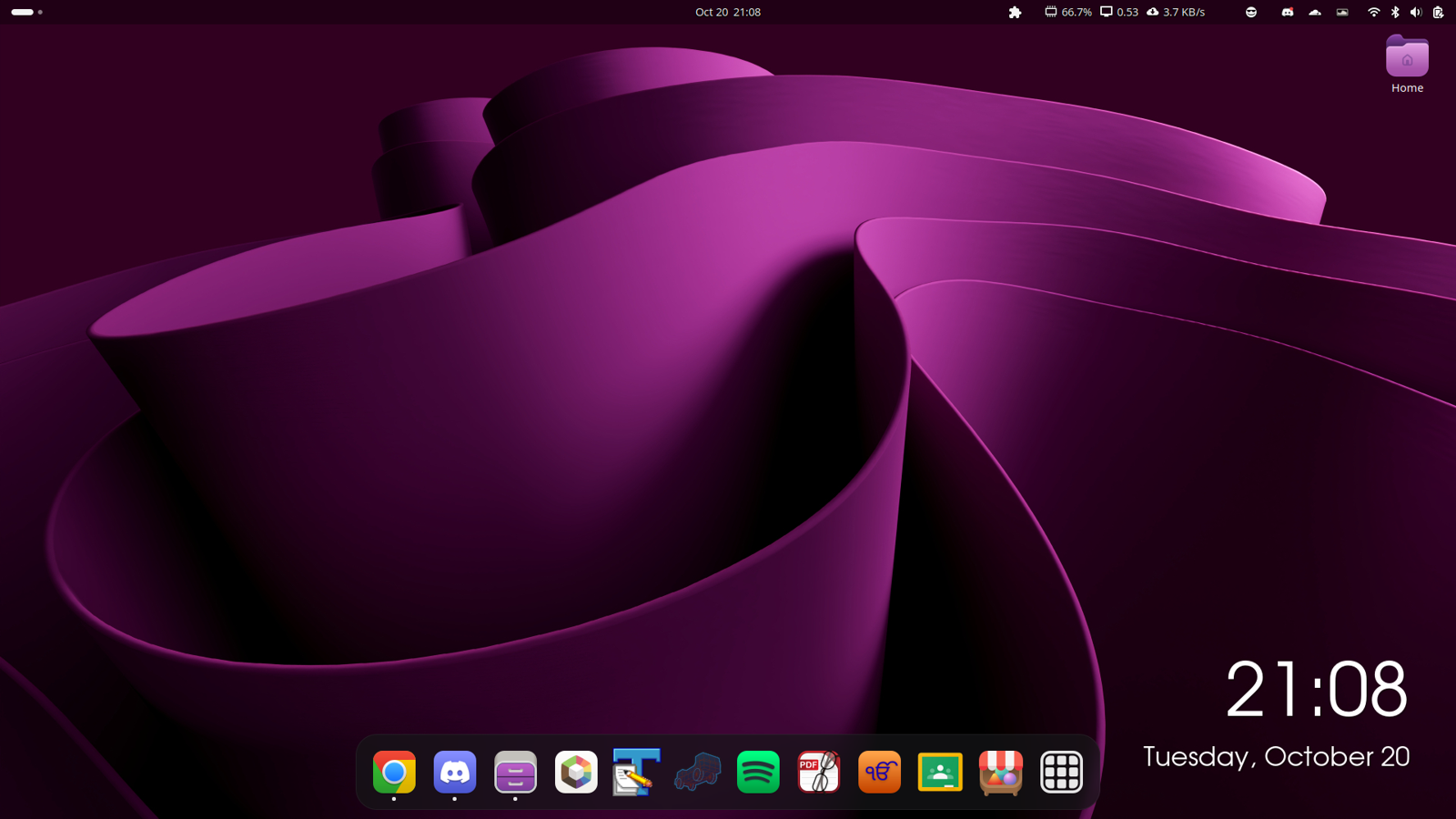 Lumora desktop with a purple wallpaper, top bar and bottom dock